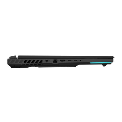 Side view of slim gaming laptop showing multiple ports and cooling vent