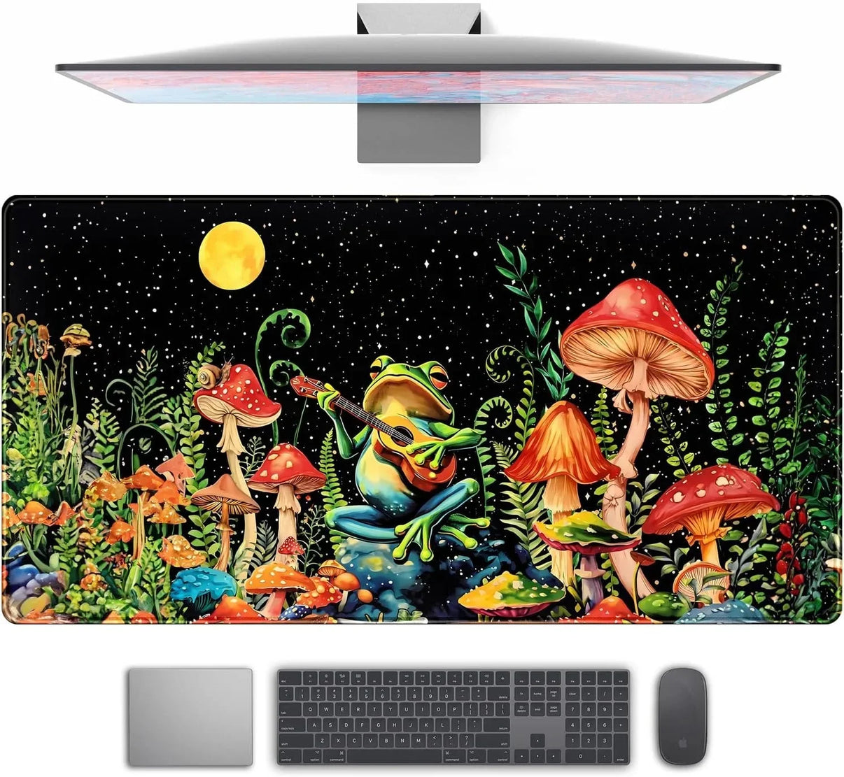 Gaming desk mat with colorful frog playing guitar among vibrant mushrooms and plants under a starry night sky