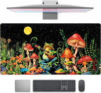 Gaming desk mat with colorful frog playing guitar among vibrant mushrooms and plants under a starry night sky