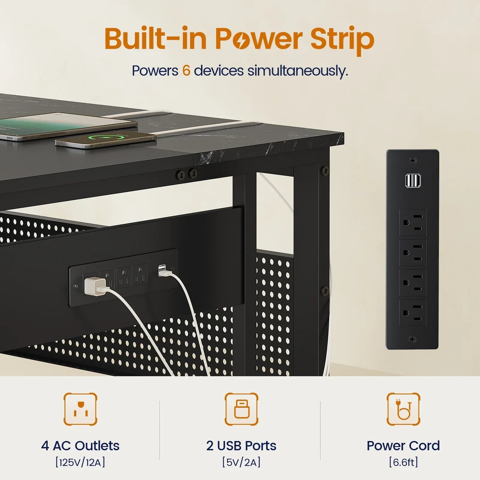 71" Executive Desk with Power Outlets, Modern L Shaped Office Desk with File Drawers and Pegboard, Large Computer Desk, Marble Black