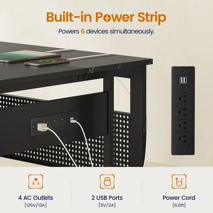 71" Executive Desk with Power Outlets, Modern L Shaped Office Desk with File Drawers and Pegboard, Large Computer Desk, Marble Black