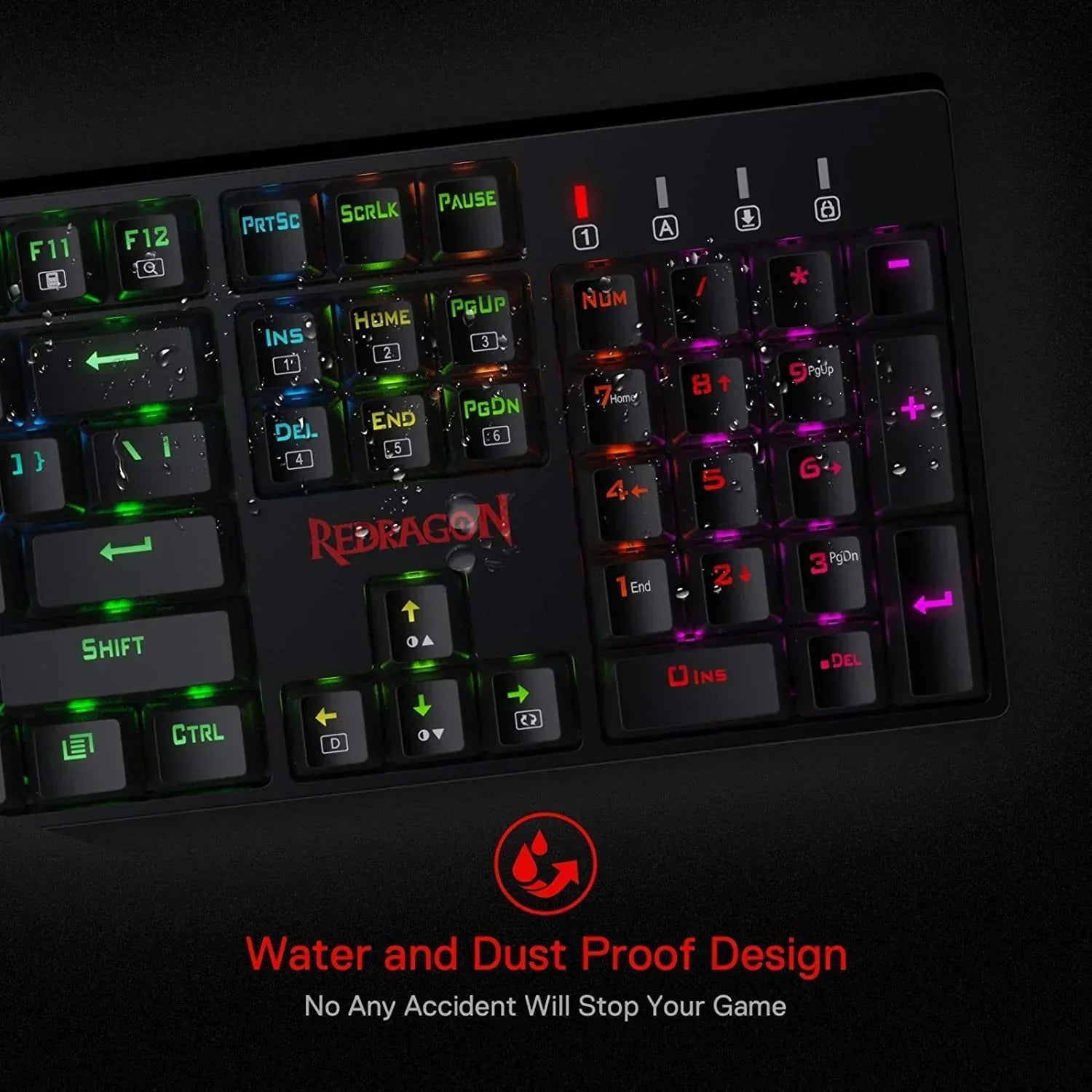 Waterproof RGB Redragon gaming keyboard with water droplets, illuminated keys, Byte Style