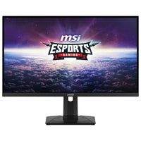 MSI esports gaming monitor with space-themed background and MSI logo on black stand