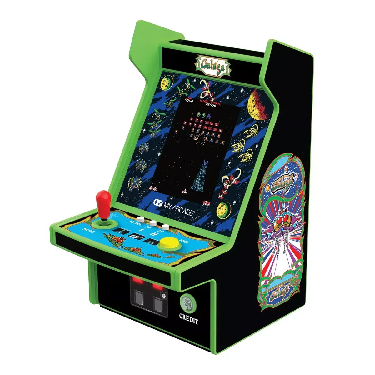 Galaga retro arcade mini cabinet with joystick, colorful 8-bit space game graphics