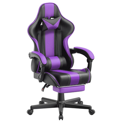 Purple and black gaming chair with ergonomic design, adjustable armrests, and footrest for comfort during long sessions