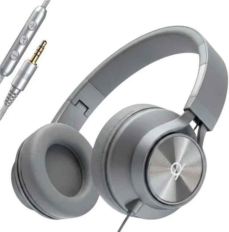 Gray over-ear wired gaming headset with in-line microphone and volume control