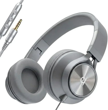 Gray over-ear wired gaming headset with in-line microphone and volume control