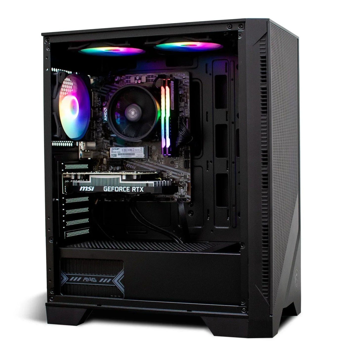 Gaming PC with RGB lighting, MSI GeForce RTX graphics card, and transparent side panel