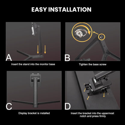 Step-by-step easy installation guide for a monitor stand and display bracket assembly with close-up views