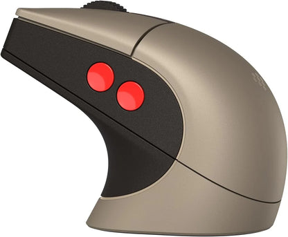 Retro ergonomic gaming mouse with two red side buttons and a beige-black color scheme