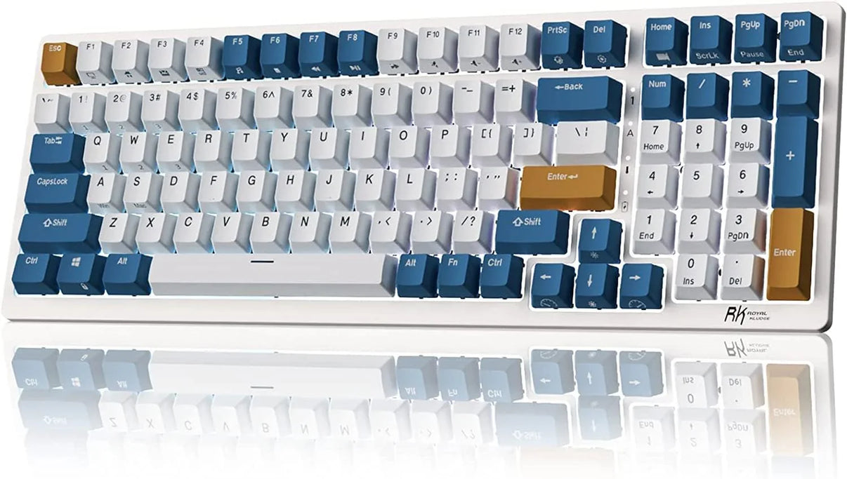Royal Kludge mechanical keyboard with white, blue, and gold keycaps, full layout with numeric keypad