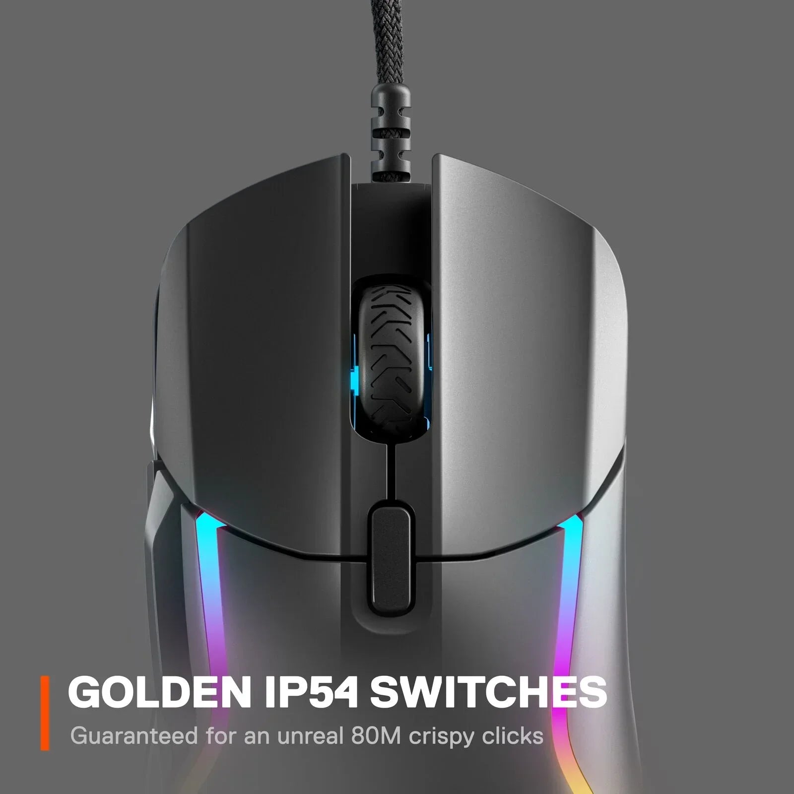Top view of a sleek black gaming mouse with RGB lighting and textured scroll wheel on gray background