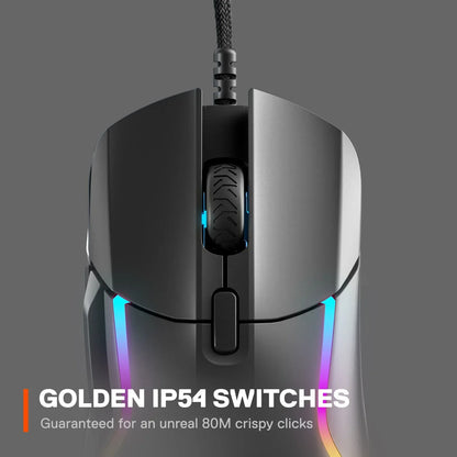Top view of a sleek black gaming mouse with RGB lighting and textured scroll wheel on gray background