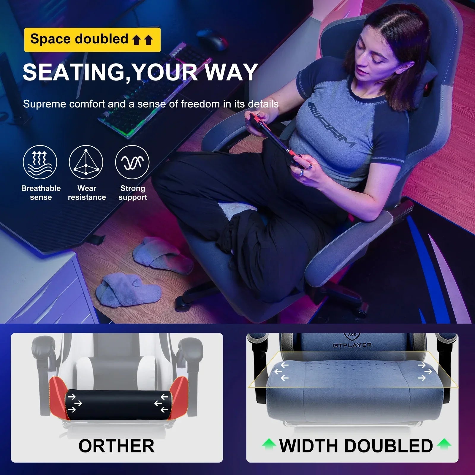 Woman sitting cross-legged on a gray ergonomic gaming chair in a colorful room with keyboard and mouse on desk