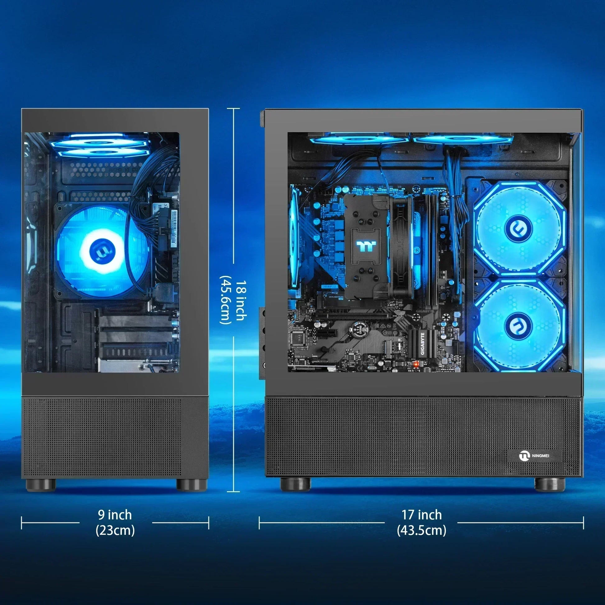 Gaming PC case with blue LED fans, tempered glass side, and size dimensions shown