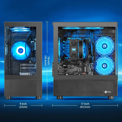 Gaming PC case with blue LED fans, tempered glass side, and size dimensions shown