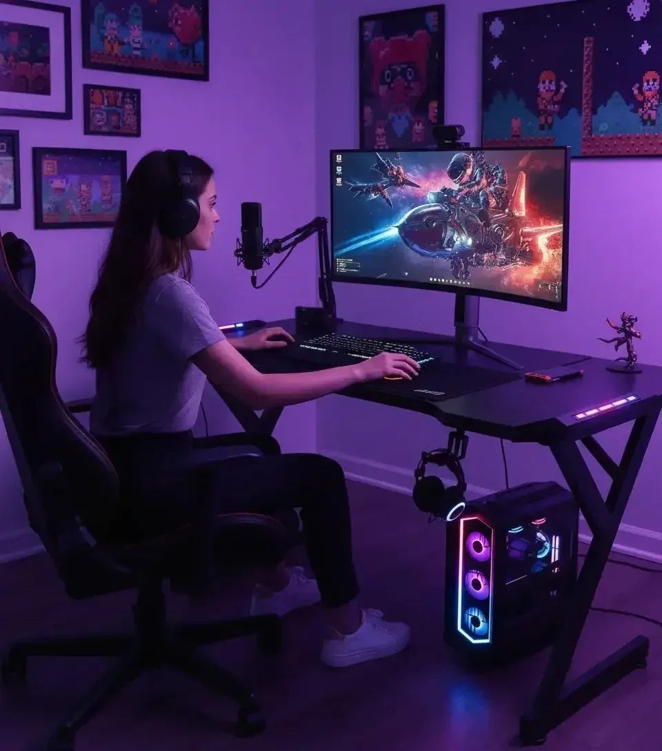 Woman gaming at a purple-lit desk with curved monitor, RGB PC, gaming chair, and microphone setup