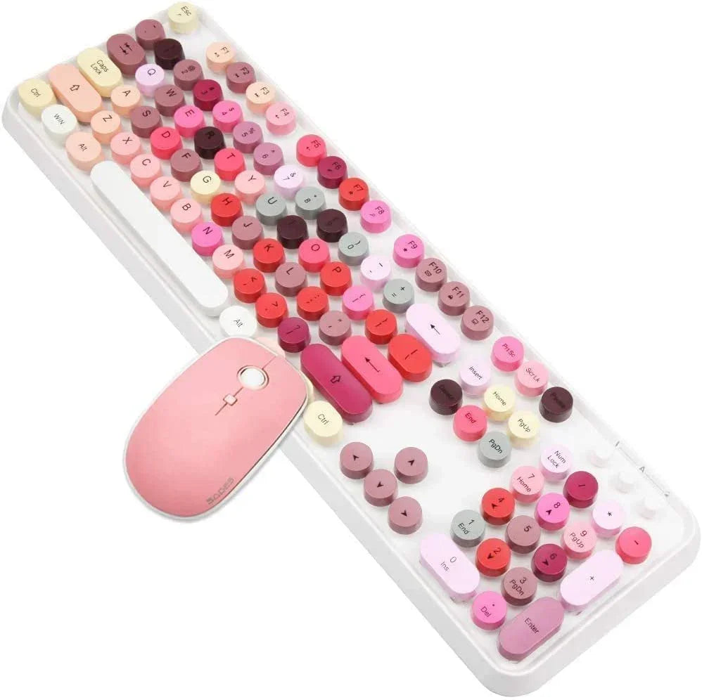 Retro pink and red 8-bit style gaming keyboard and mouse set with round keycaps on white base
