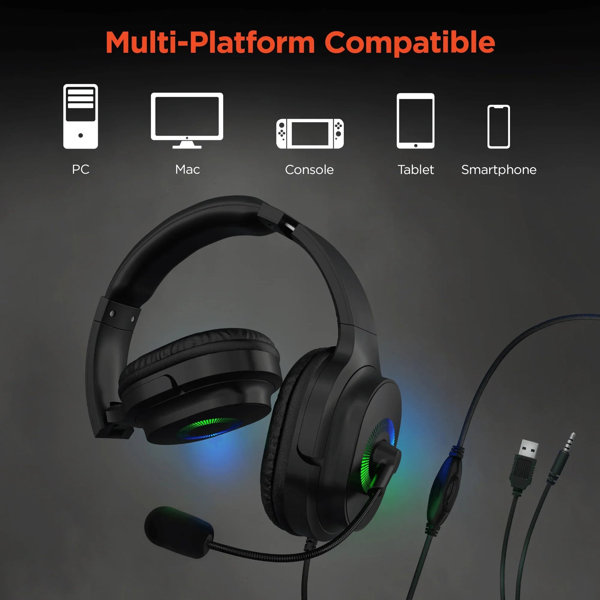 Black gaming headset with RGB lighting, microphone, USB and audio jack, compatible with PC, Mac, console, tablet, and smartphone