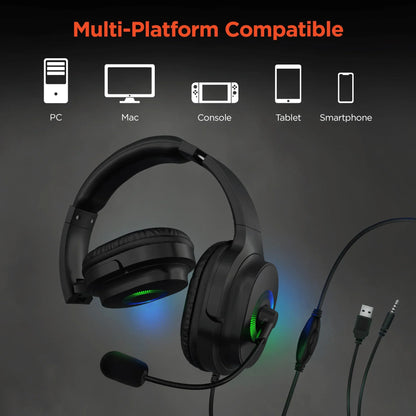 Black gaming headset with RGB lighting, microphone, USB and audio jack, compatible with PC, Mac, console, tablet, and smartphone