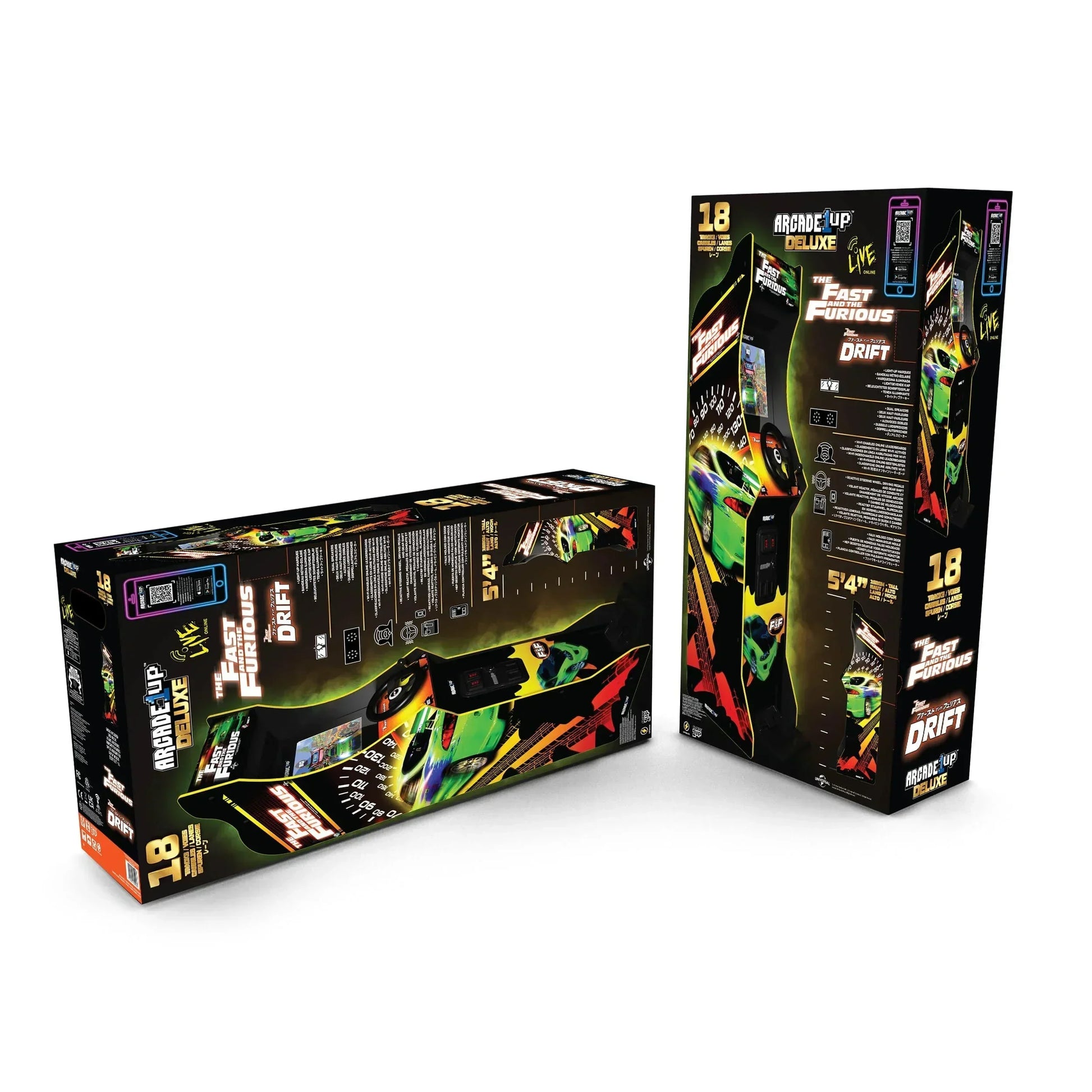 Arcade1Up Fast & Furious Drift arcade cabinet packaging with vibrant car graphics