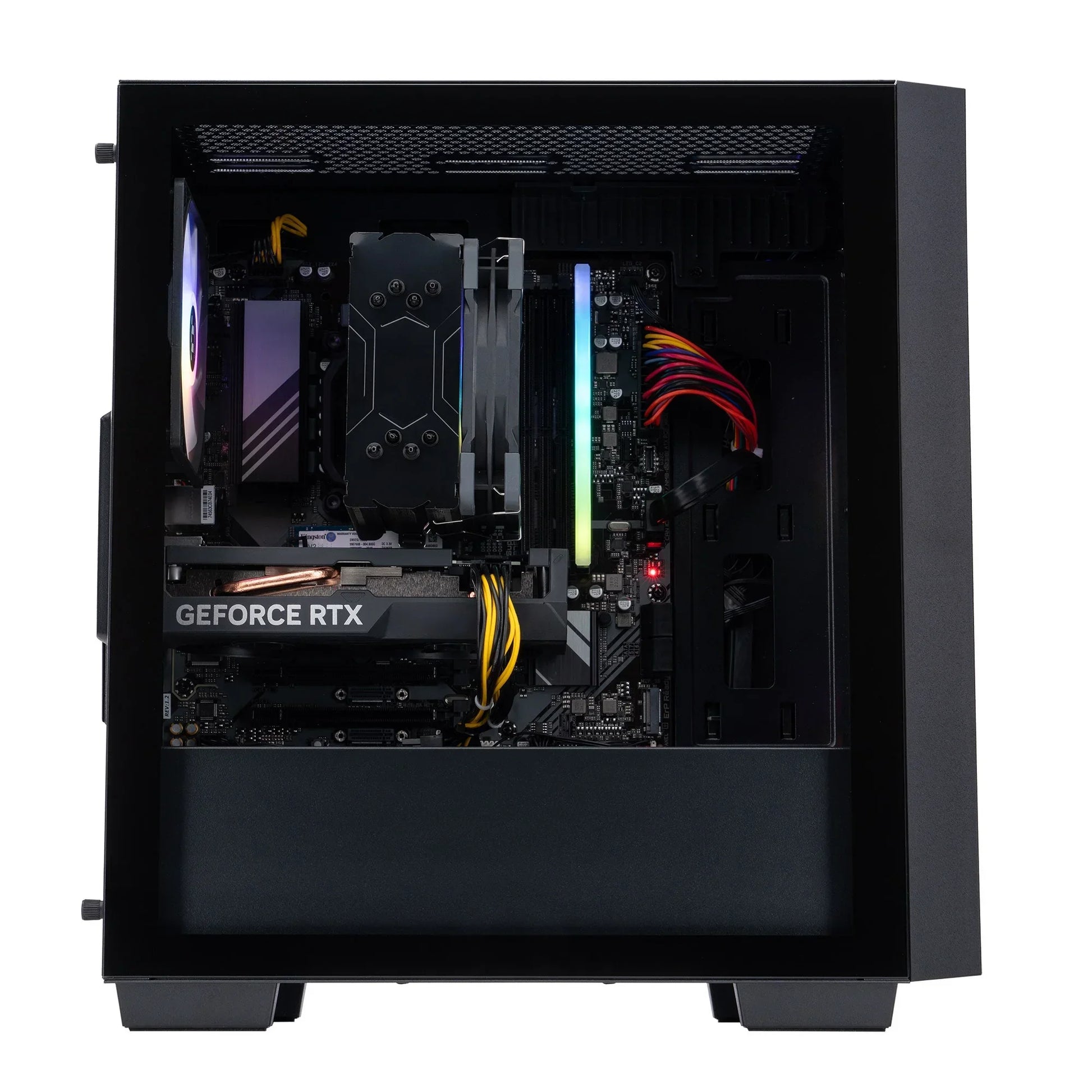 Open black gaming PC case showing internal components including GeForce RTX graphics card, RGB RAM, and CPU cooler fan
