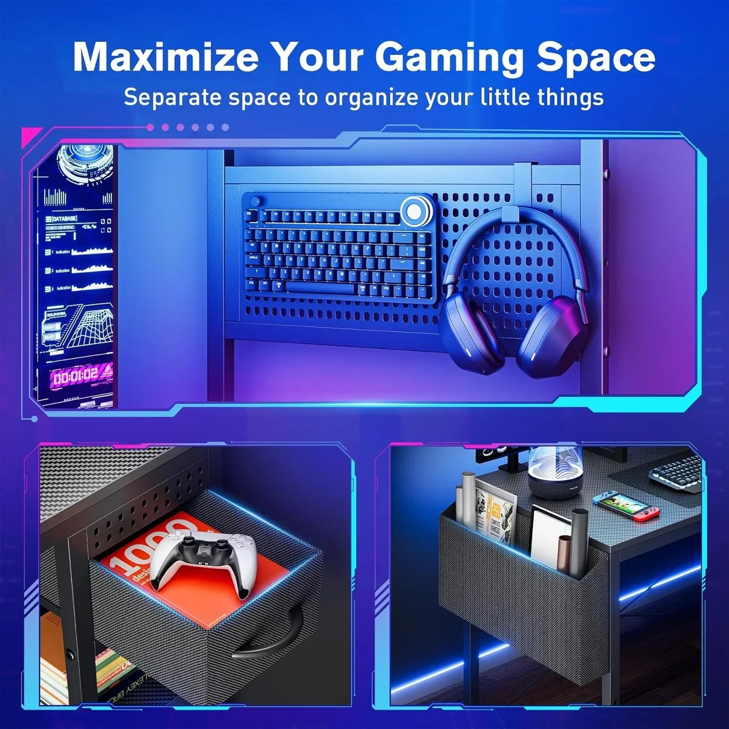 55" Gaming Desk with Adjustable Storage Rack & LED Lights, Power Outlets for Adult and Teen