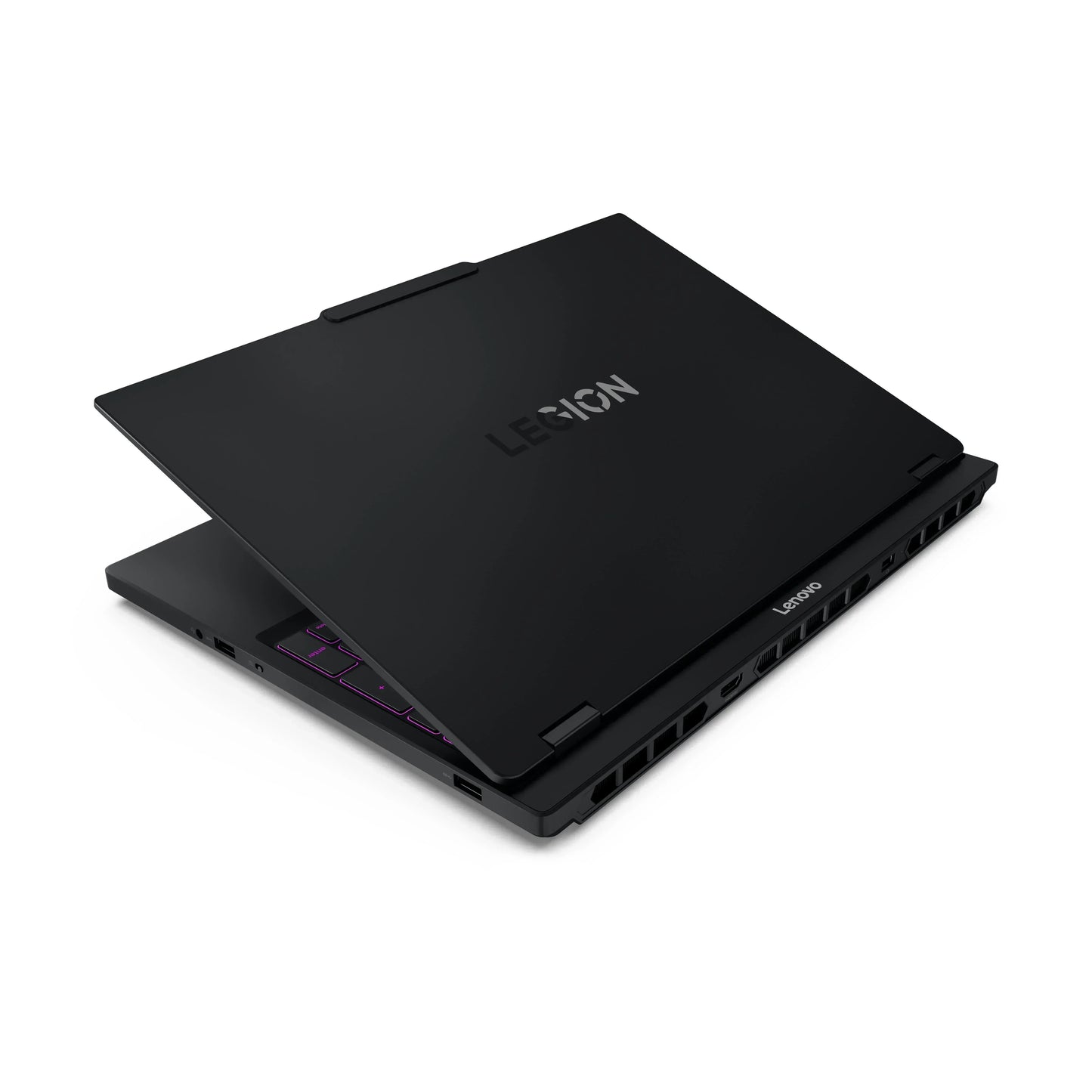 Black Lenovo Legion gaming laptop partially open with visible ports and purple backlit keys