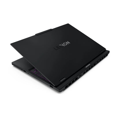 Black Lenovo Legion gaming laptop partially open with visible ports and purple backlit keys