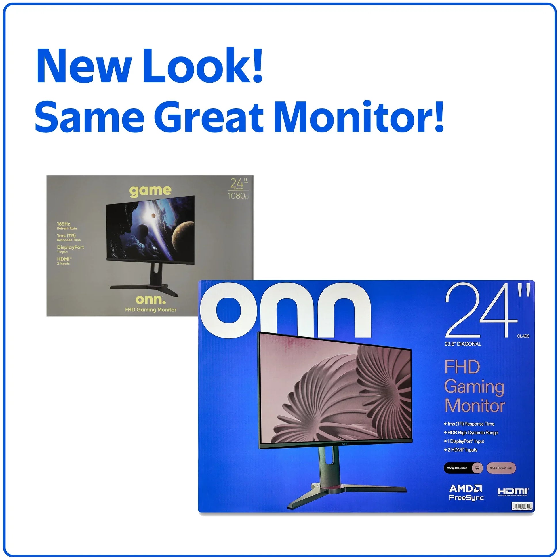 Onn 24-inch FHD gaming monitors in old and new packaging highlighting 1ms response time and HDMI inputs
