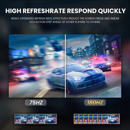 Comparison of 75Hz and 180Hz refresh rate showing clearer, smoother racing car and police chase image at 180Hz