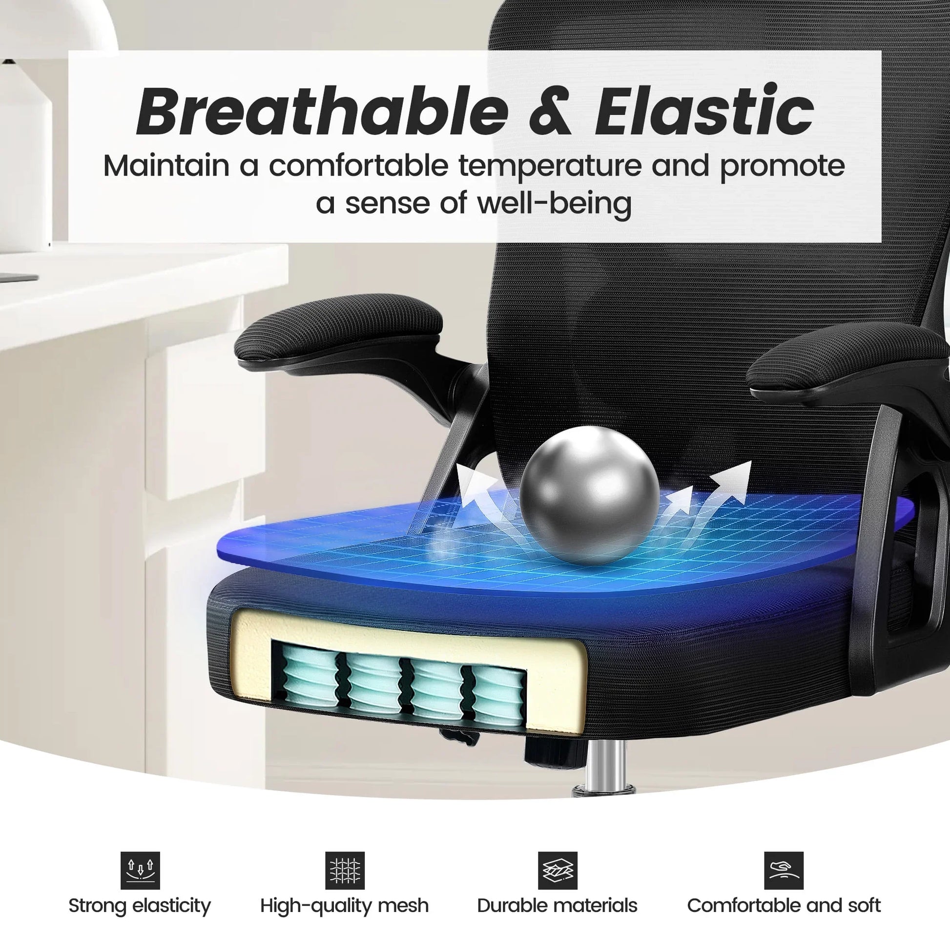 Ergonomic gaming chair with breathable mesh, strong elasticity, and comfortable cushioning for long sessions