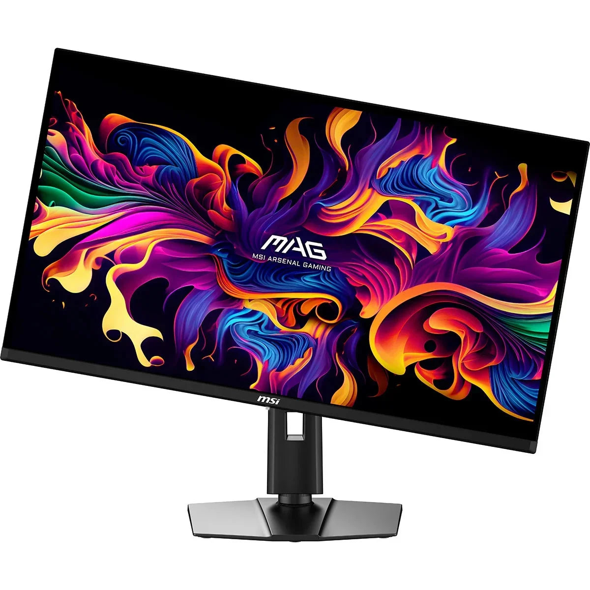 MSI Arsenal Gaming curved monitor displaying vibrant colorful abstract graphics on a black stand