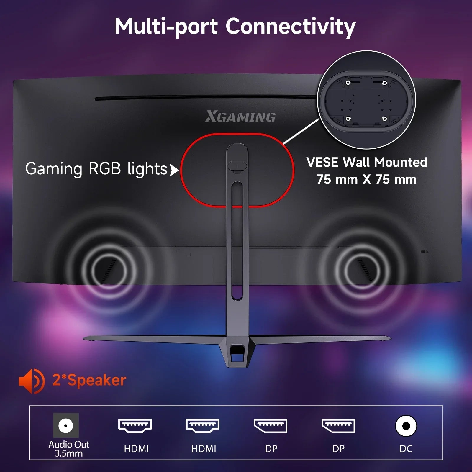 Rear view of XGaming monitor with customizable RGB lights, dual speakers, wall mount, and multiple HDMI and DisplayPort inputs
