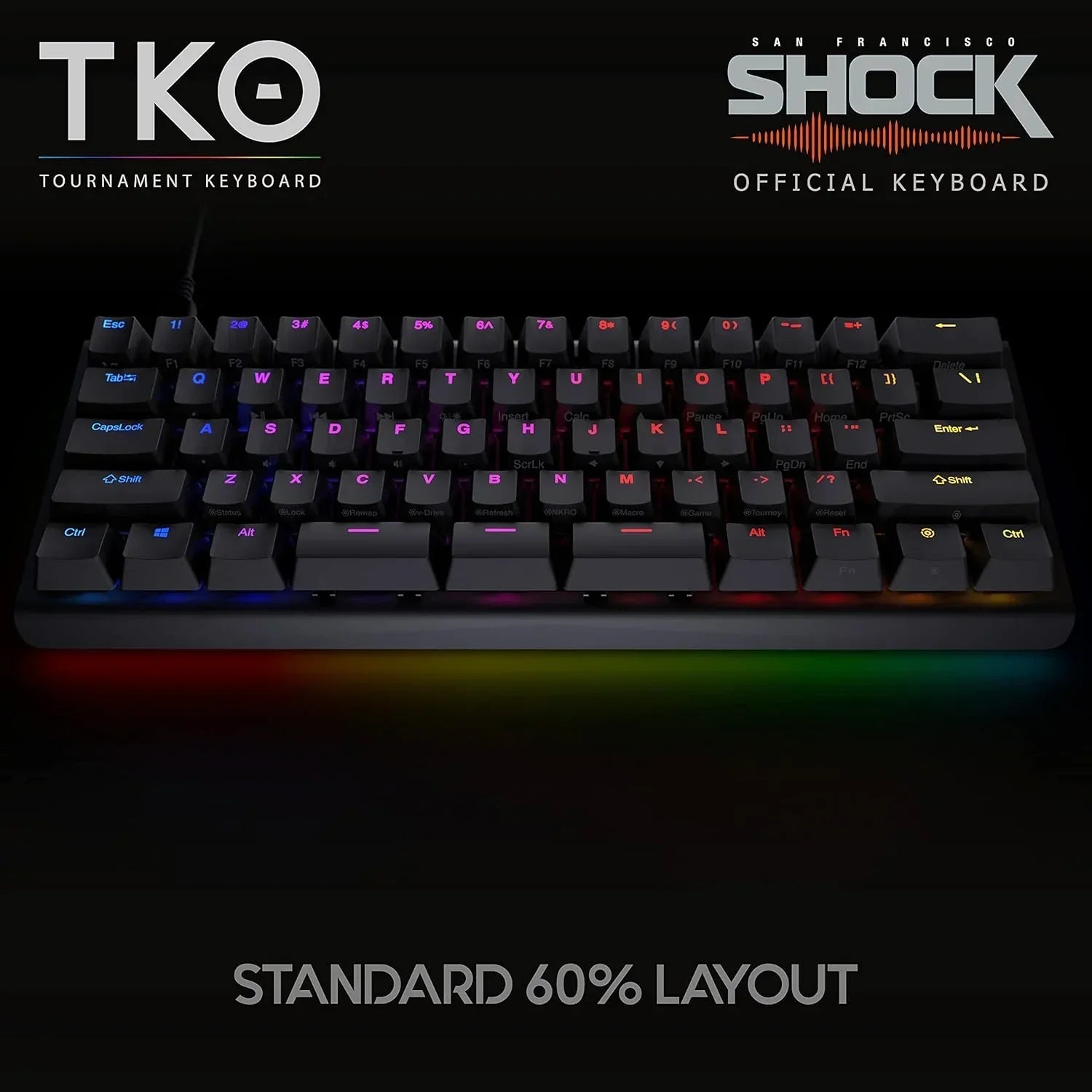 RGB 60% mechanical gaming keyboard with black keycaps, TKO and San Francisco Shock branding
