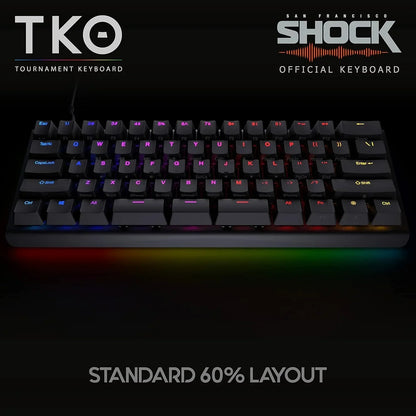 RGB 60% mechanical gaming keyboard with black keycaps, TKO and San Francisco Shock branding