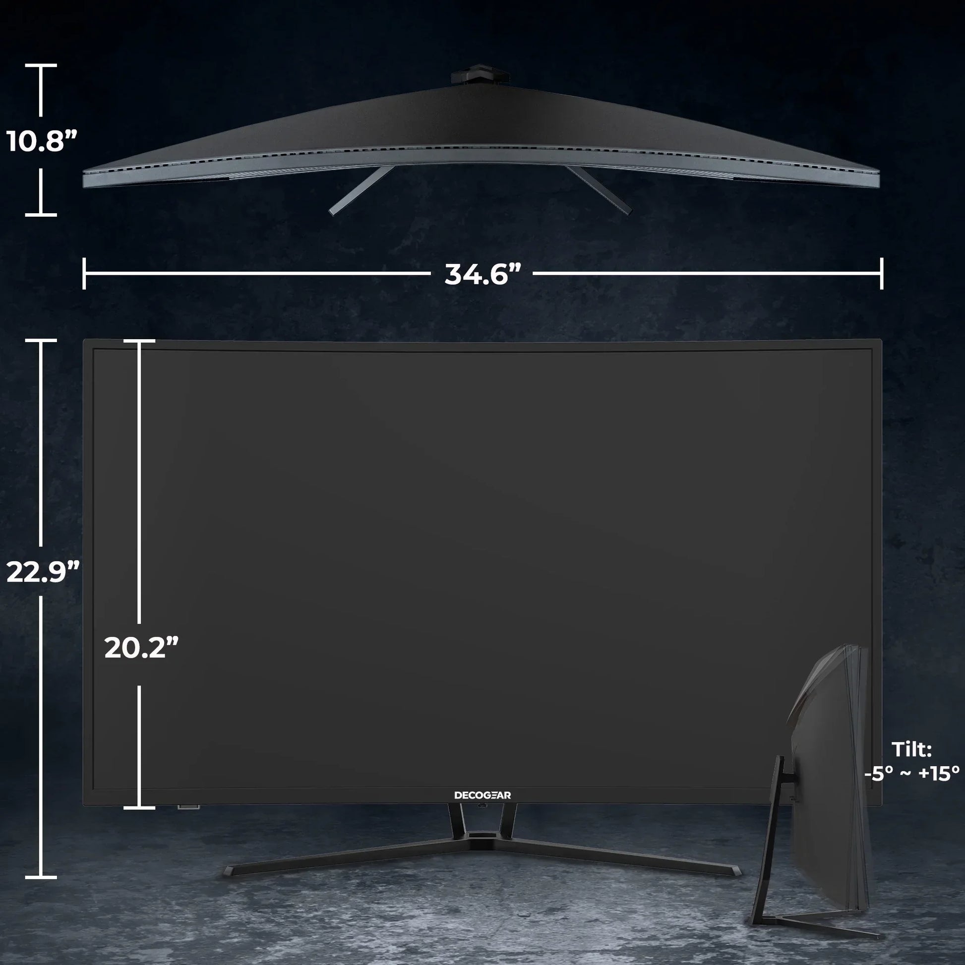 Curved Decogear monitor with measurements 34.6" width, 22.9" height, 10.8" depth, tilting -5° to +15°