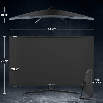 Curved Decogear monitor with measurements 34.6" width, 22.9" height, 10.8" depth, tilting -5° to +15°