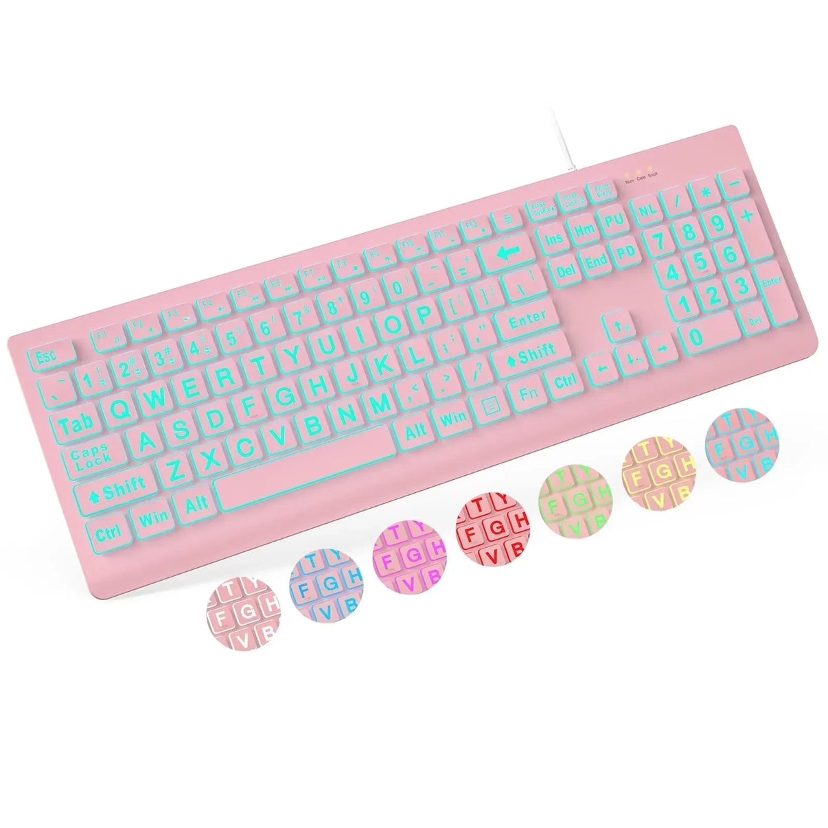 Pink RGB gaming keyboard with retro 8-bit style, pastel keys, and multiple color options.