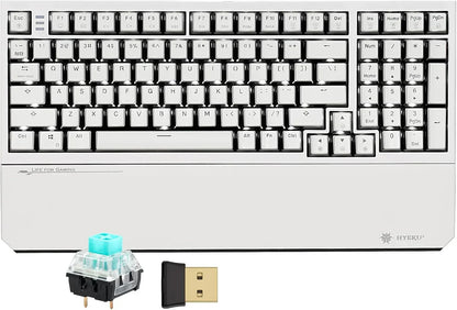 White HYEKU mechanical gaming keyboard with USB dongle and switch, modern 8-bit style.