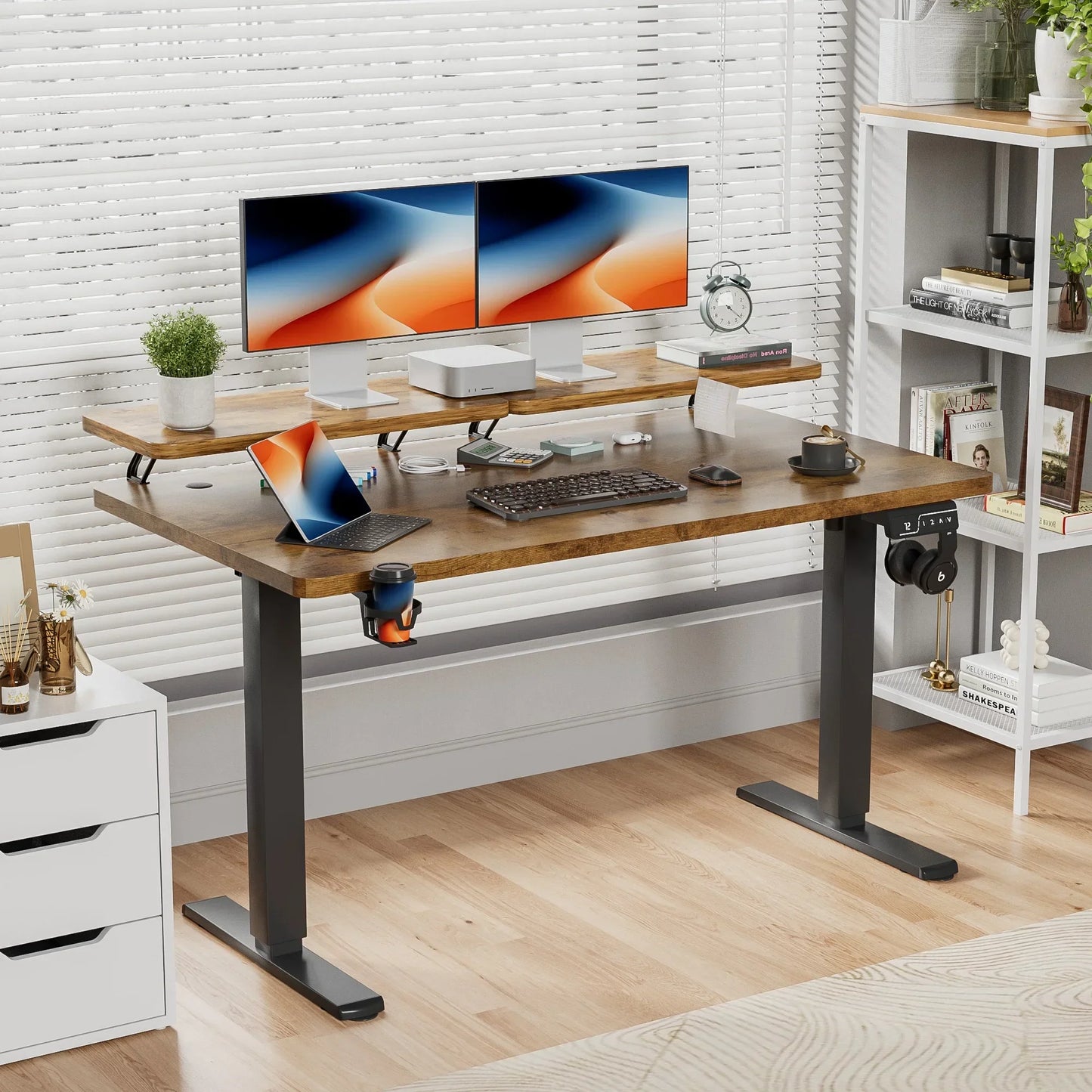 55" Wide Home Office Electric Height Adjustable Standing Desk Lifting Range 28~46" Computer Desk with Monitor Stand,Brown