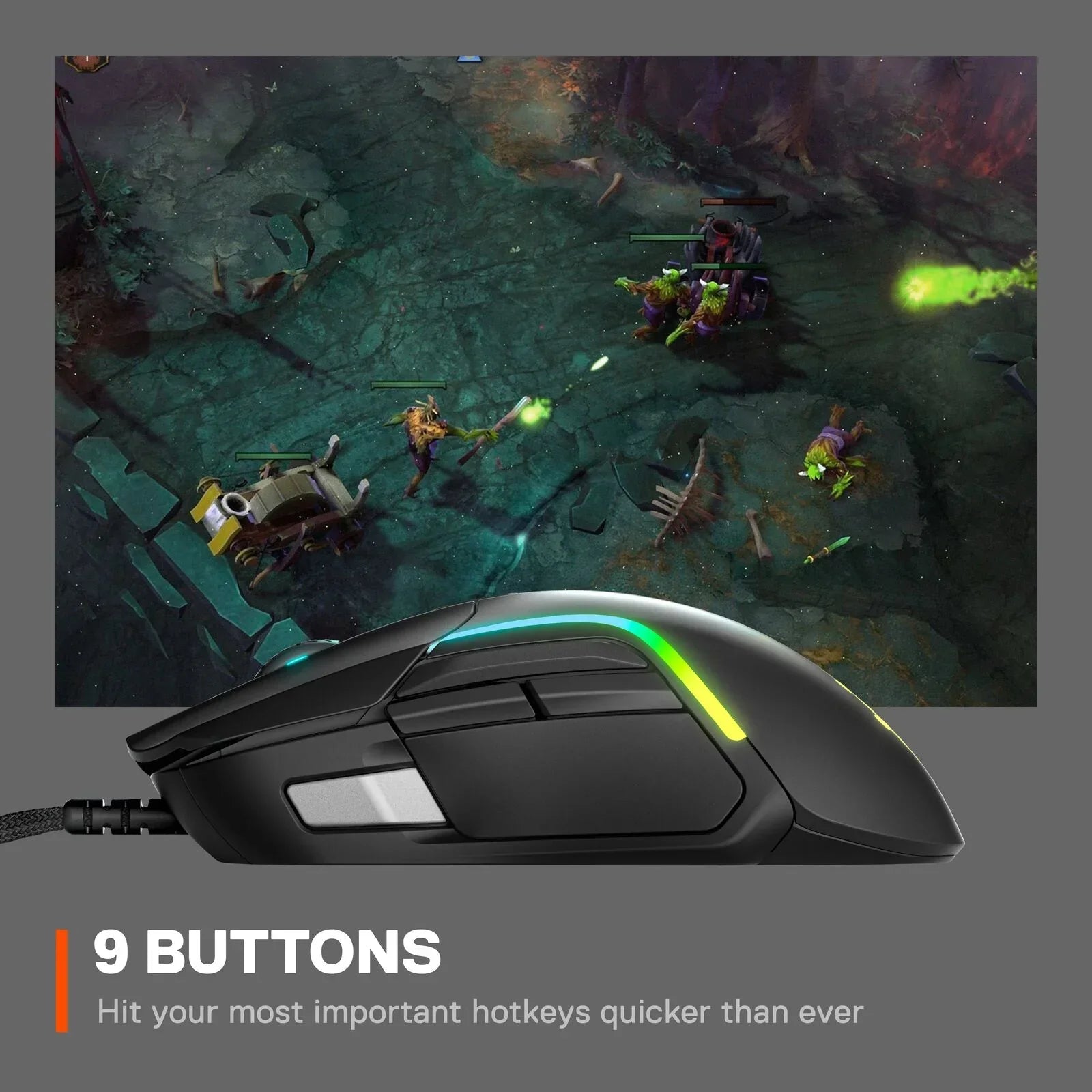 Black gaming mouse with nine buttons and RGB lighting over MOBA game screenshot