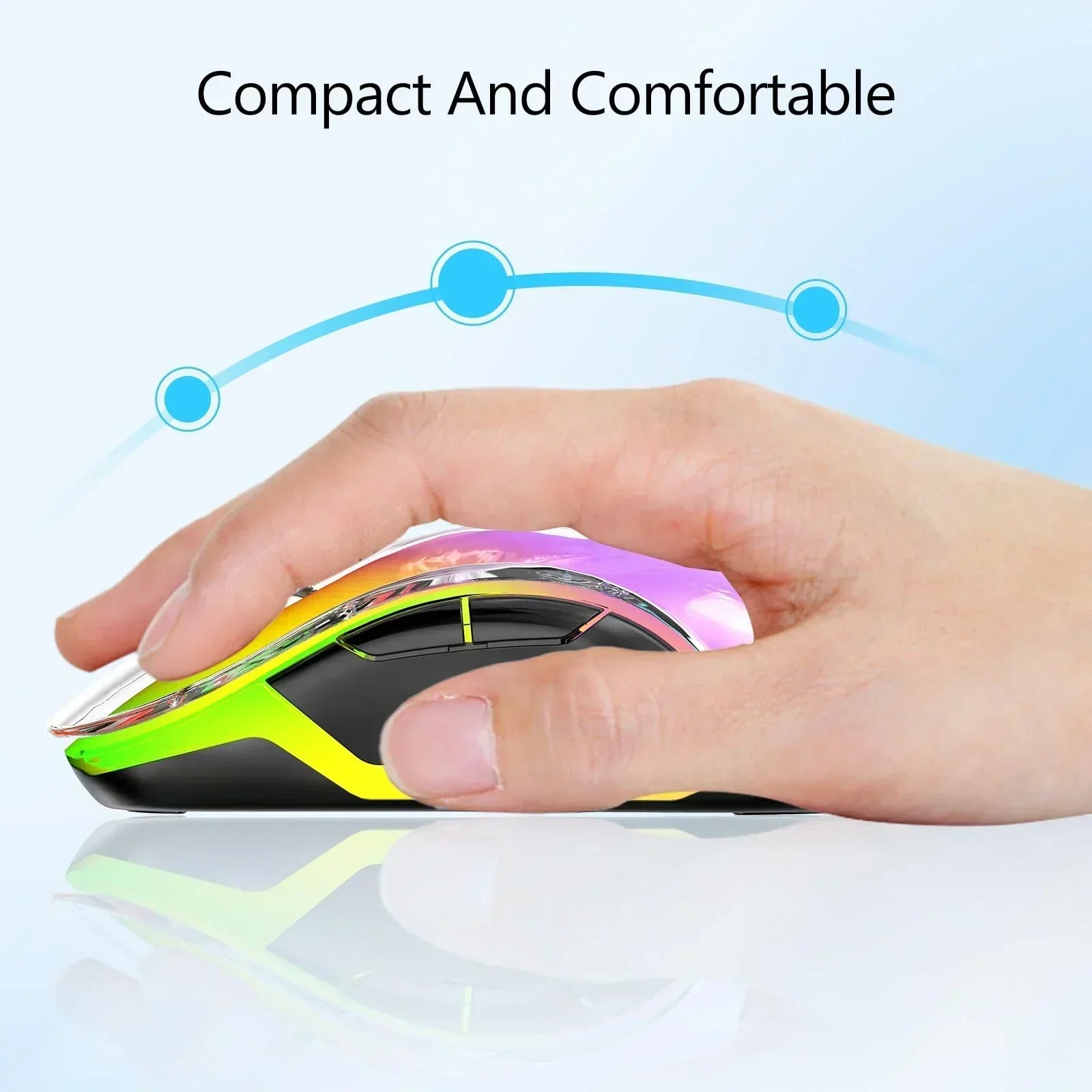 Hand using a colorful ergonomic gaming mouse with compact and comfortable design on light background