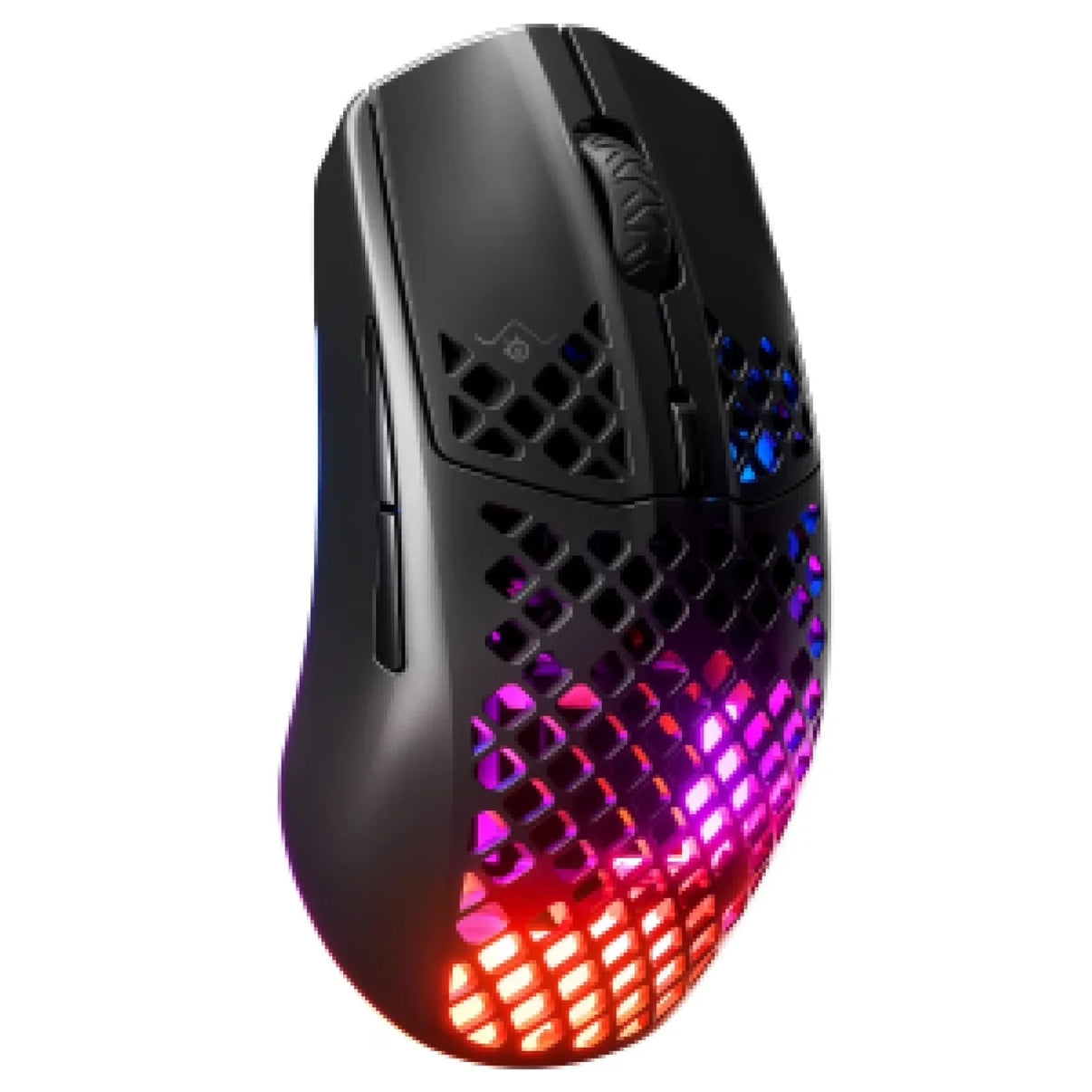 Black gaming mouse with honeycomb shell and vibrant RGB lighting in purple, red, and blue