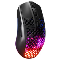 Black gaming mouse with honeycomb shell and vibrant RGB lighting in purple, red, and blue