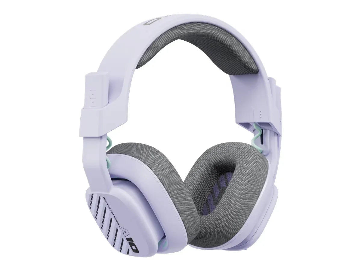 Light purple gaming headphones with gray cushioned ear pads and adjustable headband