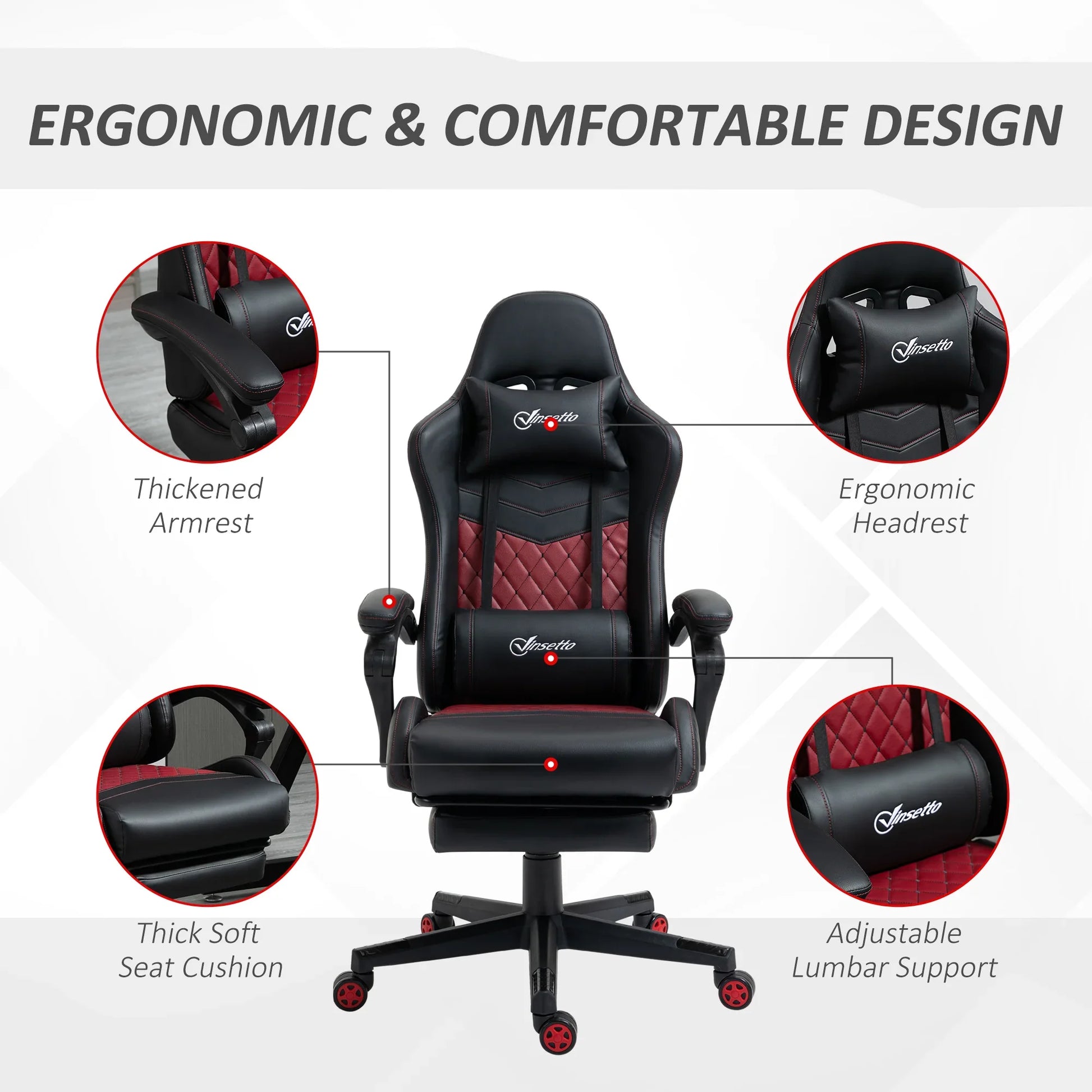 Black and red ergonomic gaming chair with thickened armrests, ergonomic headrest, adjustable lumbar support, and thick soft seat cushion