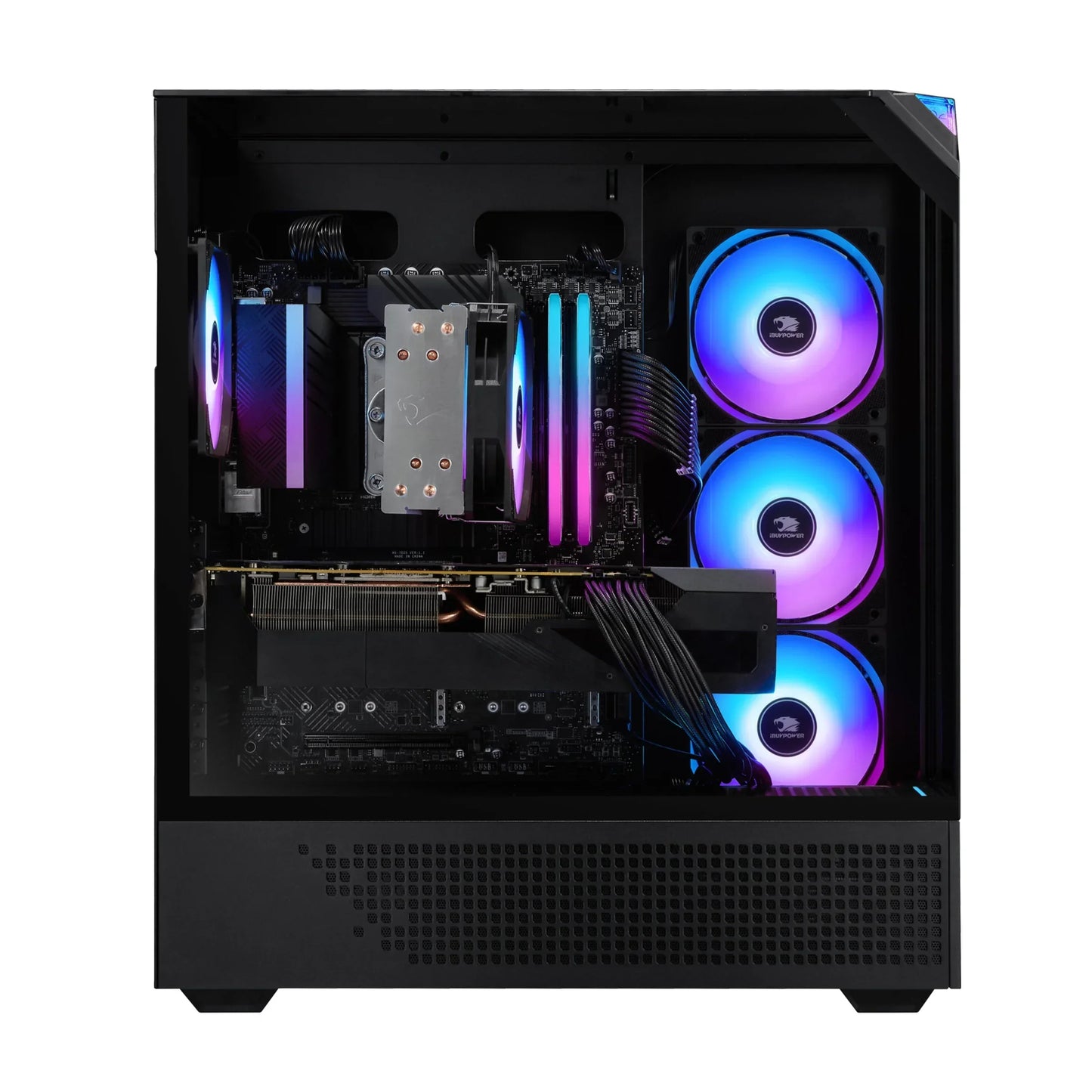 Black gaming PC tower with transparent side panel showing RGB cooling fans and internal components