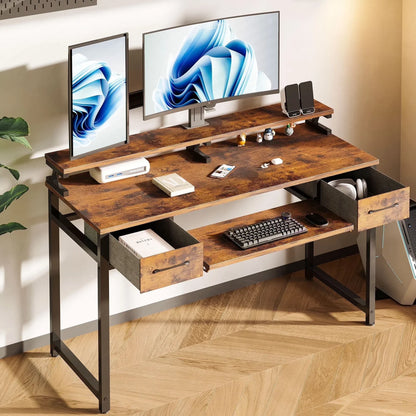 Vintage Computer Desk with Drawers for Storage - 55 Inch Home Office Desk with 8 Fabric Drawers, Writing Study Desk with Drawers on Both Sides for Bedroom