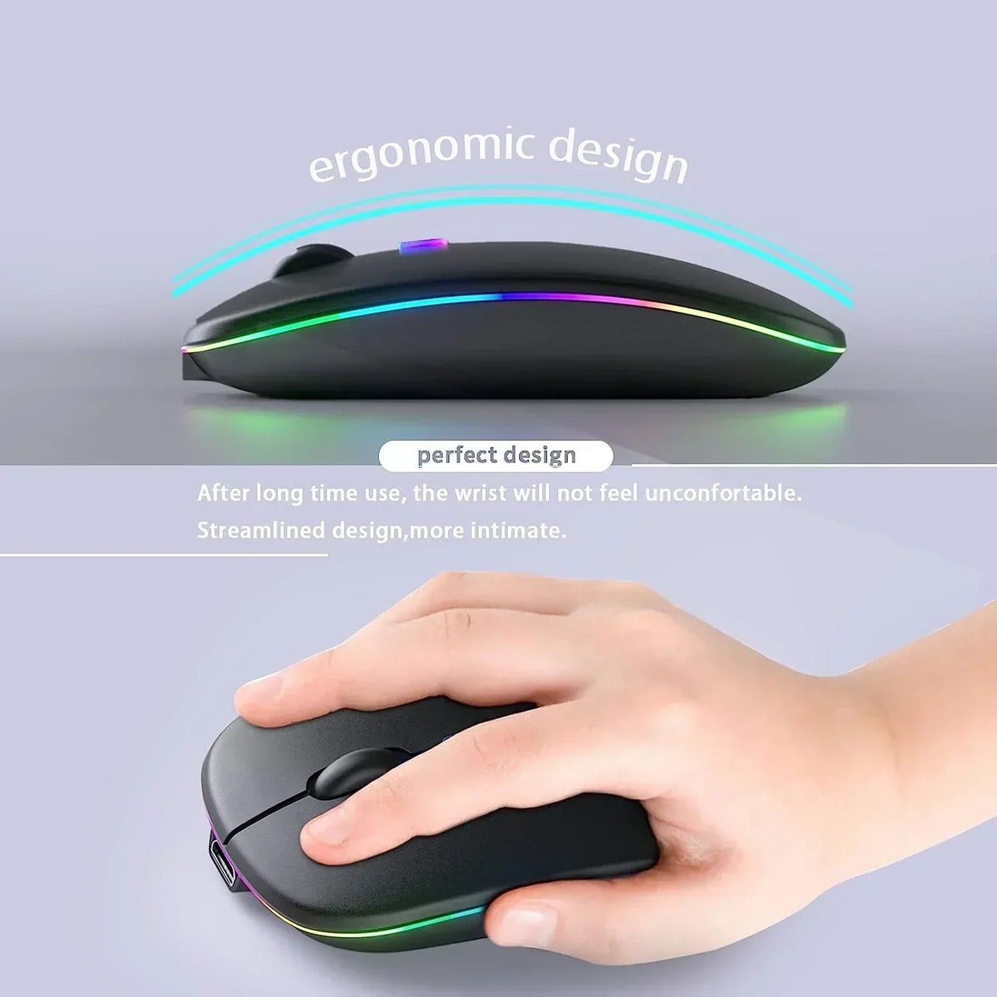 Ergonomic RGB gaming mouse with streamlined design, shown with a hand using it on a desk